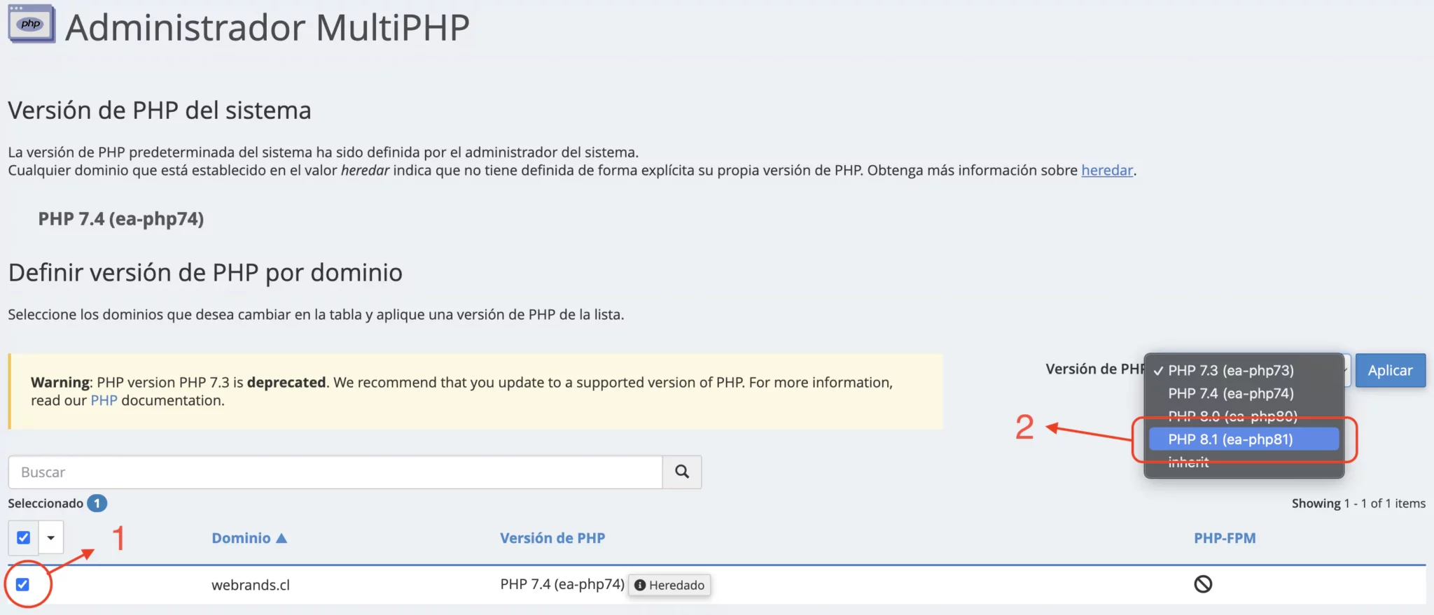 Cómo cambiar la versión de PHP en cPanel